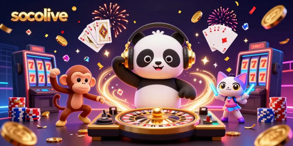 Socolive features casino excitement with a DJ panda, a dancing monkey, and a glowing kitten, showcasing vivid gambling elements.