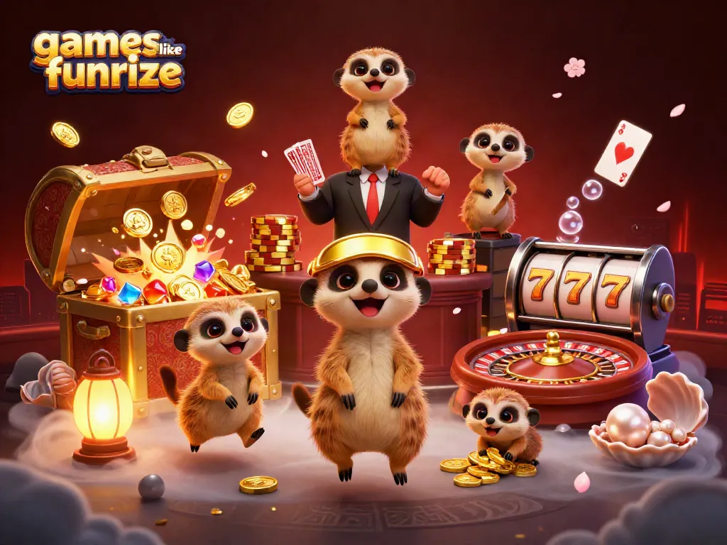 Experience thrilling games like funrize in this vibrant casino scene with meerkat characters.