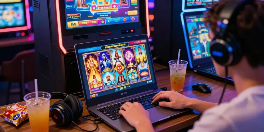 PESGSLOT gaming experience on a laptop showcasing colorful Thailand-themed slot games.