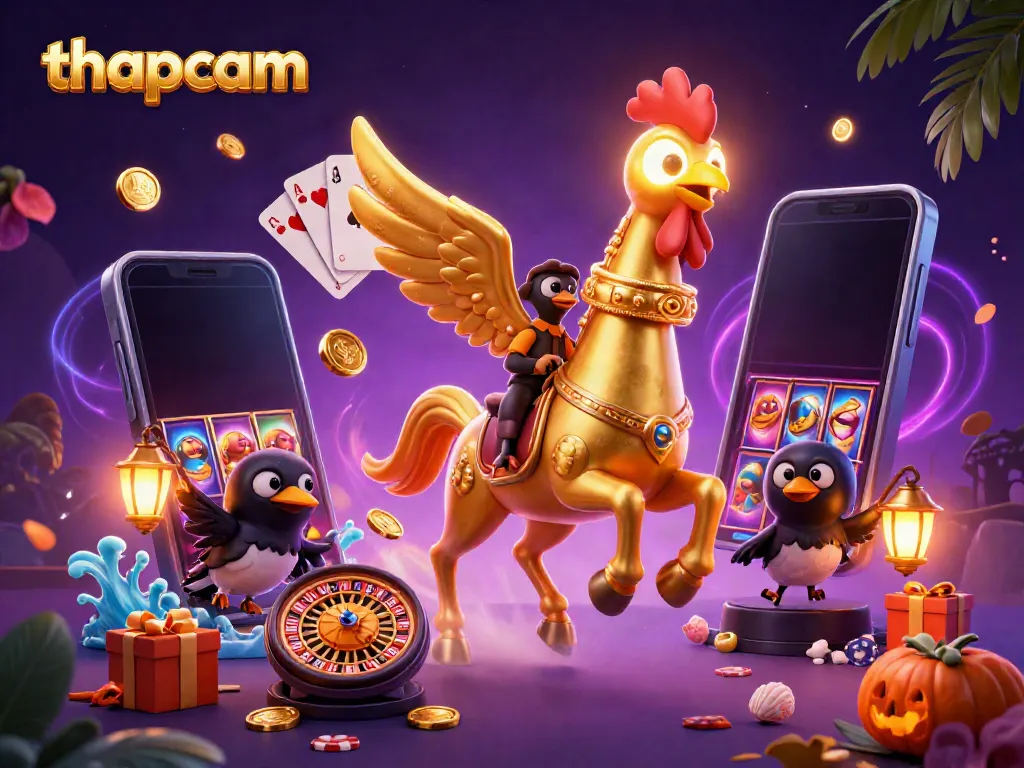 Experience thrilling gameplay at thapcam with a golden rooster riding through a vibrant casino scene.