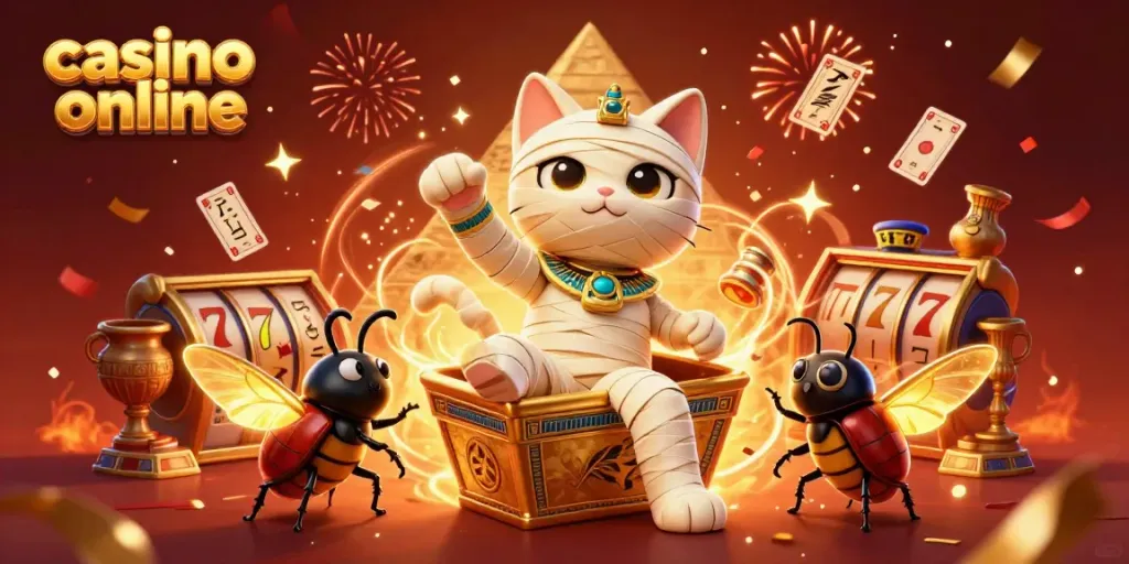 Experience the thrill of casino online with an Egyptian mummy cat and a scarab beetle in a vibrant 3D illustration.