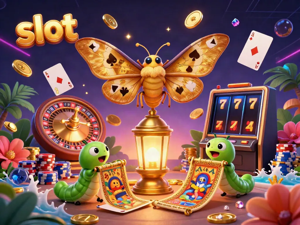 Engage with dynamic slot-themed art showcasing a vibrant 3D moth, cascading coins, and gaming elements.
