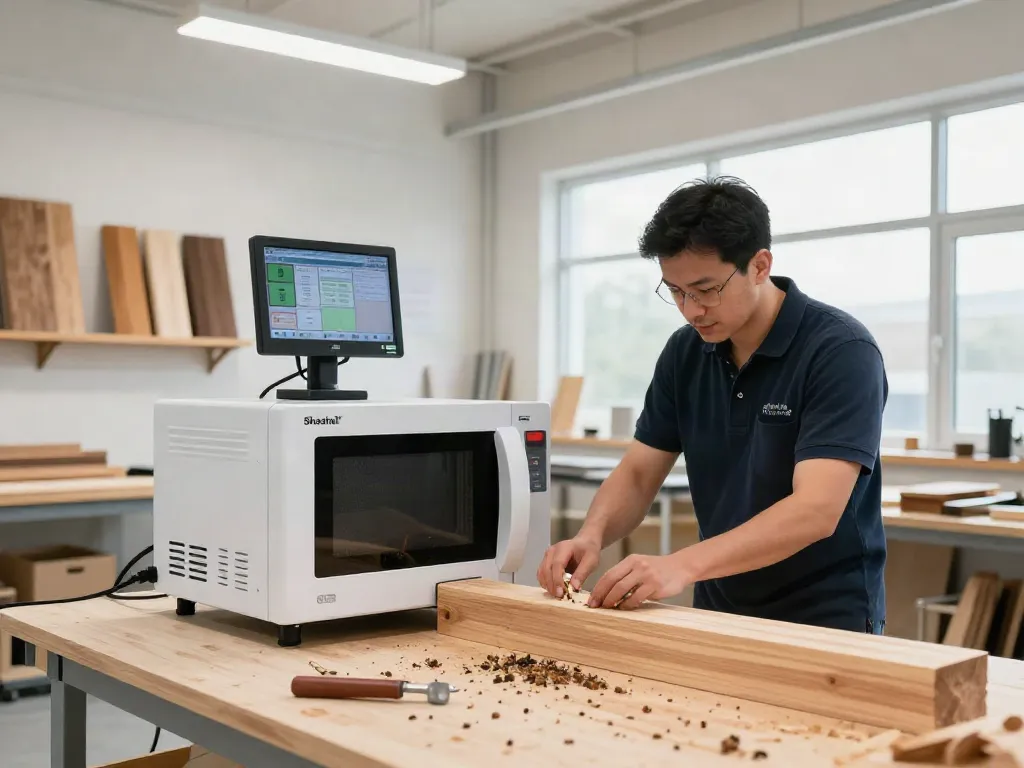 SHASHEL® technician uses microwave equipment for quick wood insect elimination in modern workshop.