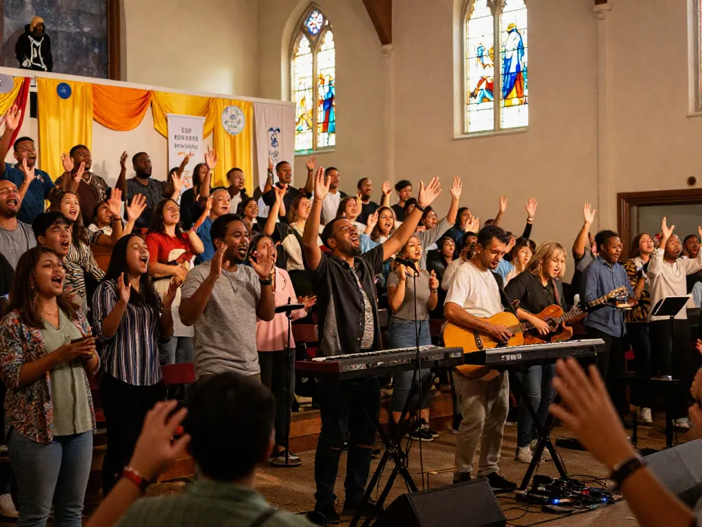 Engaging church worship scene featuring musicians and choir, embodying my response through music.