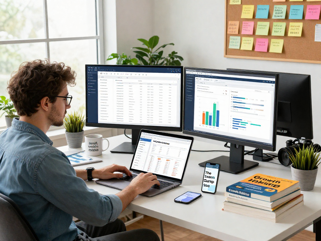 Buy iOS installs in a professional digital marketing workspace with app analytics and strategic planning elements.