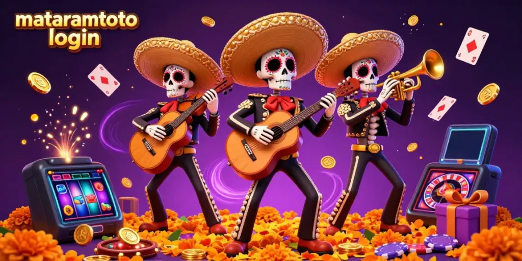 Engage in winning action with mataramtoto login featuring a festive skeleton mariachi band amidst casino elements.