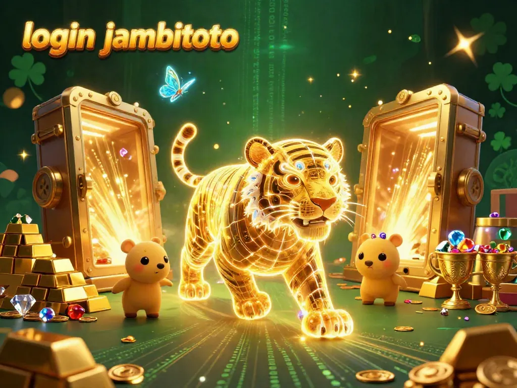 Experience excitement at login jambitoto with a dazzling 3D casino illustration featuring treasure and glowing elements.