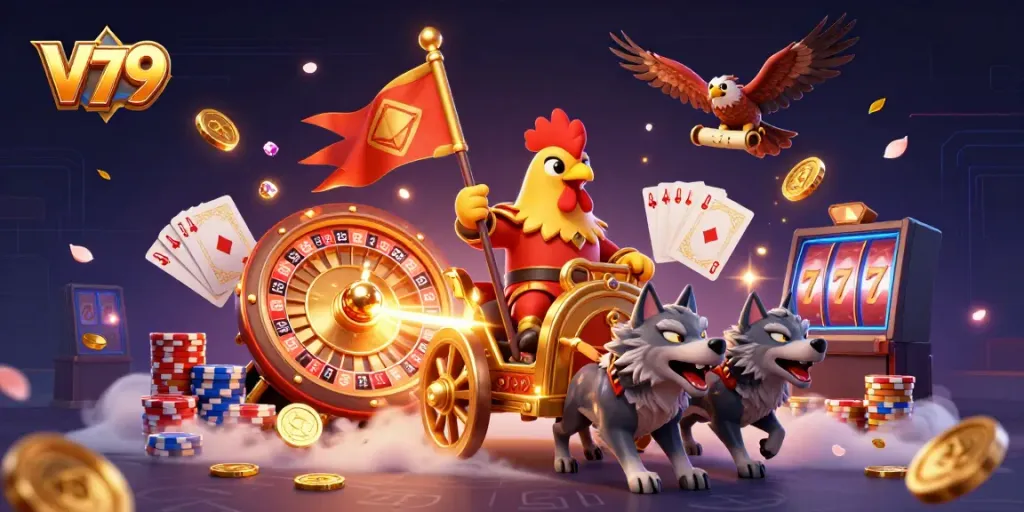 V79 đề xuất không gian giải trí với rooster chúa tể và chariot vàng, trong bối cảnh casino đầy sinh động.