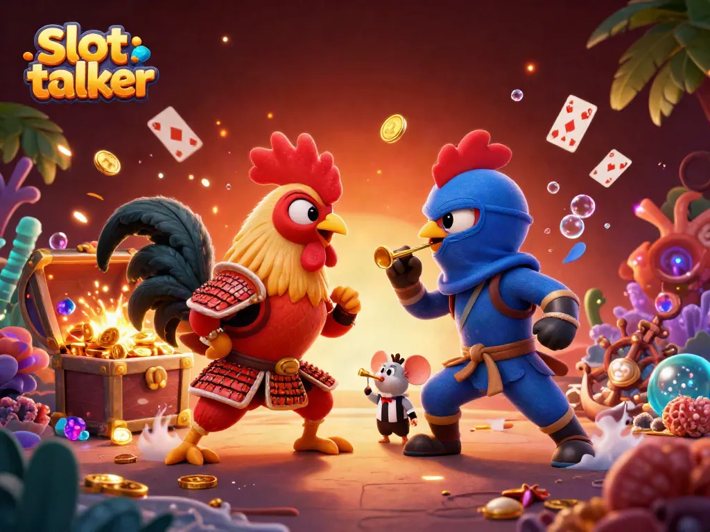 Engage with the vibrant scene of slot talker with cartoon roosters, treasure, and casino elements.