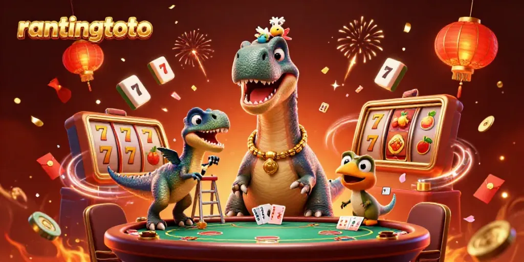 Rasakan kegembiraan rantingtoto dengan ilustrasi kasino 3D yang menampilkan dinosaurus dan elemen permainan yang kaya.