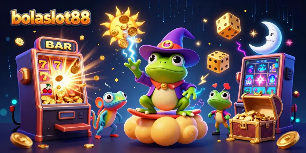Experience the thrill of bolaslot88 with a vibrant scene featuring cartoon characters and casino elements.