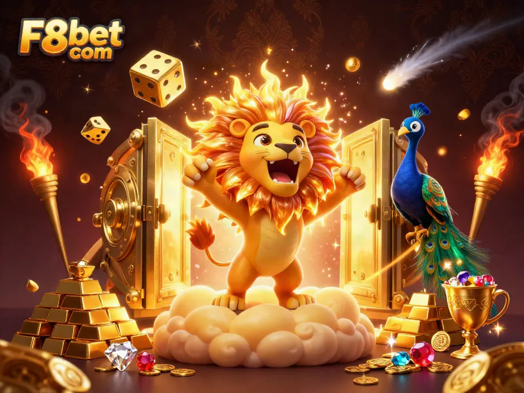 Engage with F8bet com's vibrant online casino experience featuring a sun lion, golden dice, and treasures.