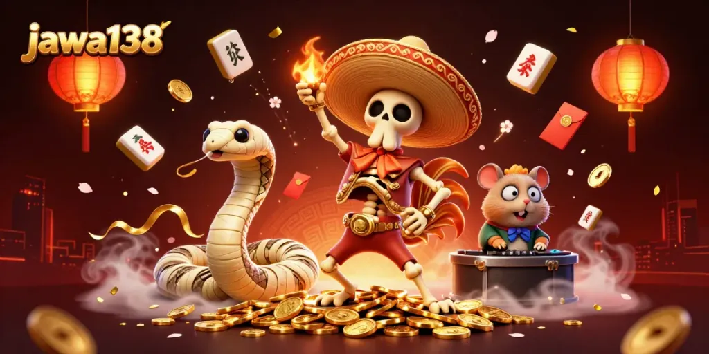 Experience the excitement of jawa138 with a vibrant scene of characters celebrating, showcasing a unique gambling culture.