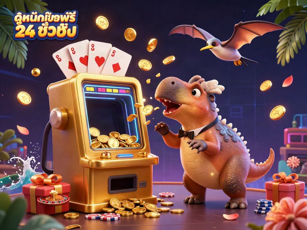 Experience thrilling moments with ดูหนังออนไลน์ฟรี 24 ชั่วโมง as a pachycephalosaurus plays a golden slot machine, showering coins.