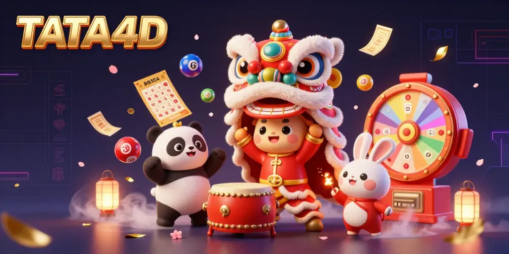 Experience thrilling gambling with TATA4D's vibrant 3D illustration showcasing festive characters and dynamic lottery elements.