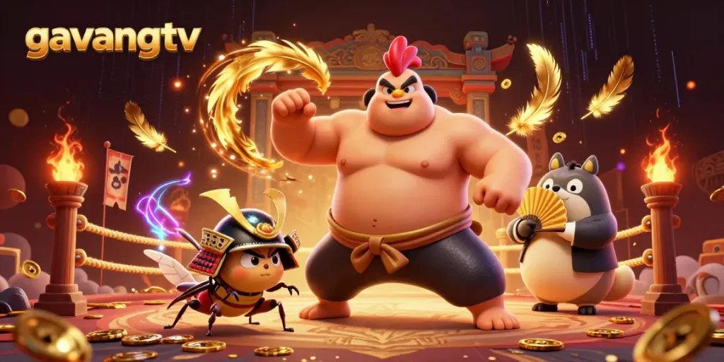 Engage with the vibrant gavangtv world featuring a powerful sumo rooster in an electrifying arena.