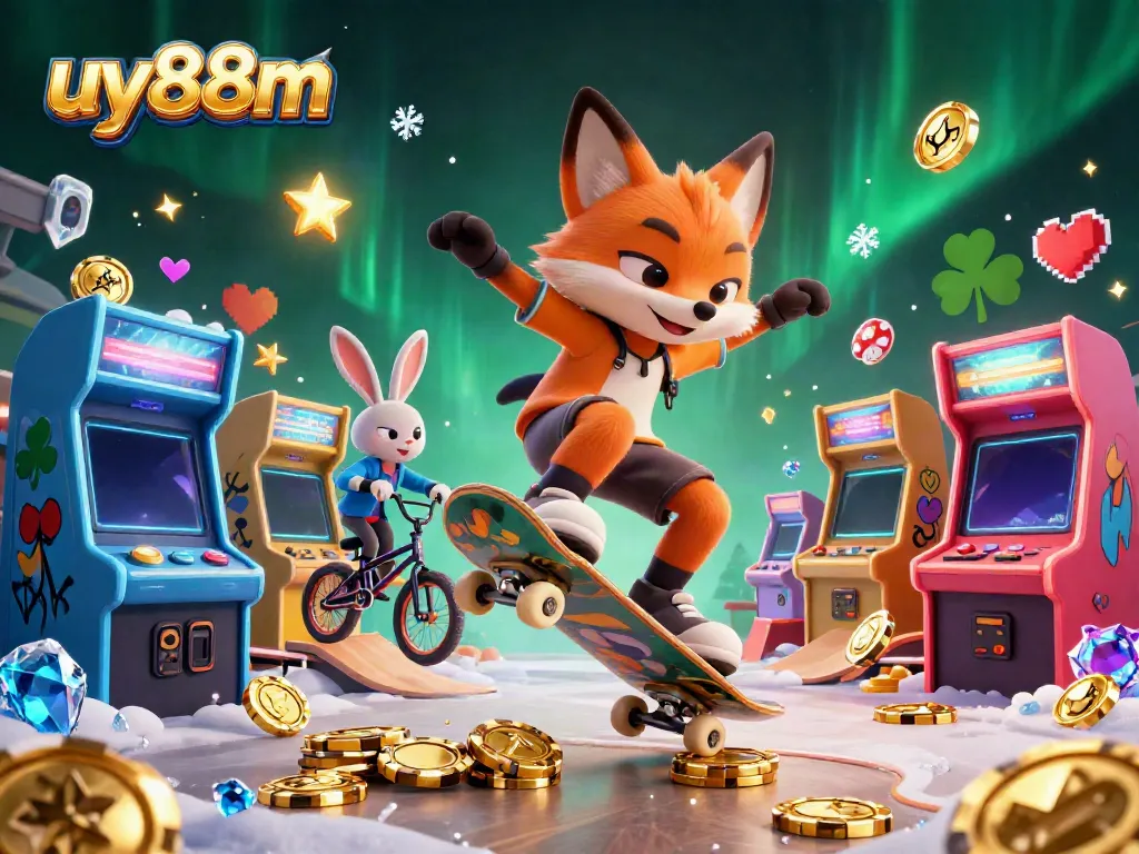 Experience excitement at uy88m with a vibrant 3D scene featuring a fox and rabbit in a dynamic casino atmosphere.