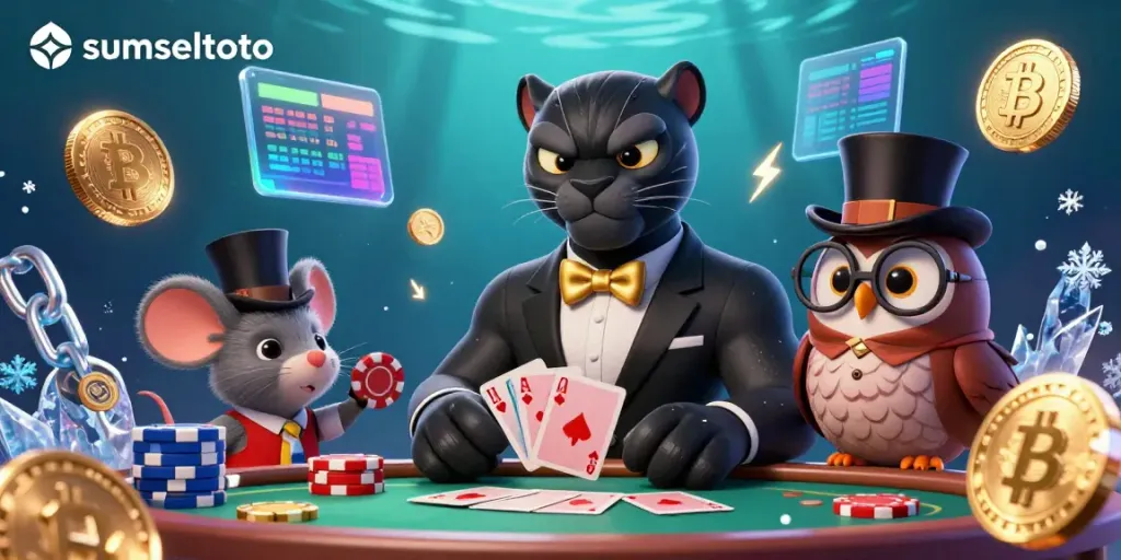Play cards and win with sumseltoto featuring a stylish panther dealer and lucky chip-holding characters.