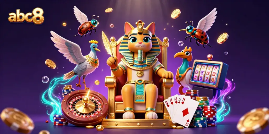Experience the thrill of winning with abc8 in this vibrant casino scene featuring floating coins, poker chips, and a dynamic roulette wheel.