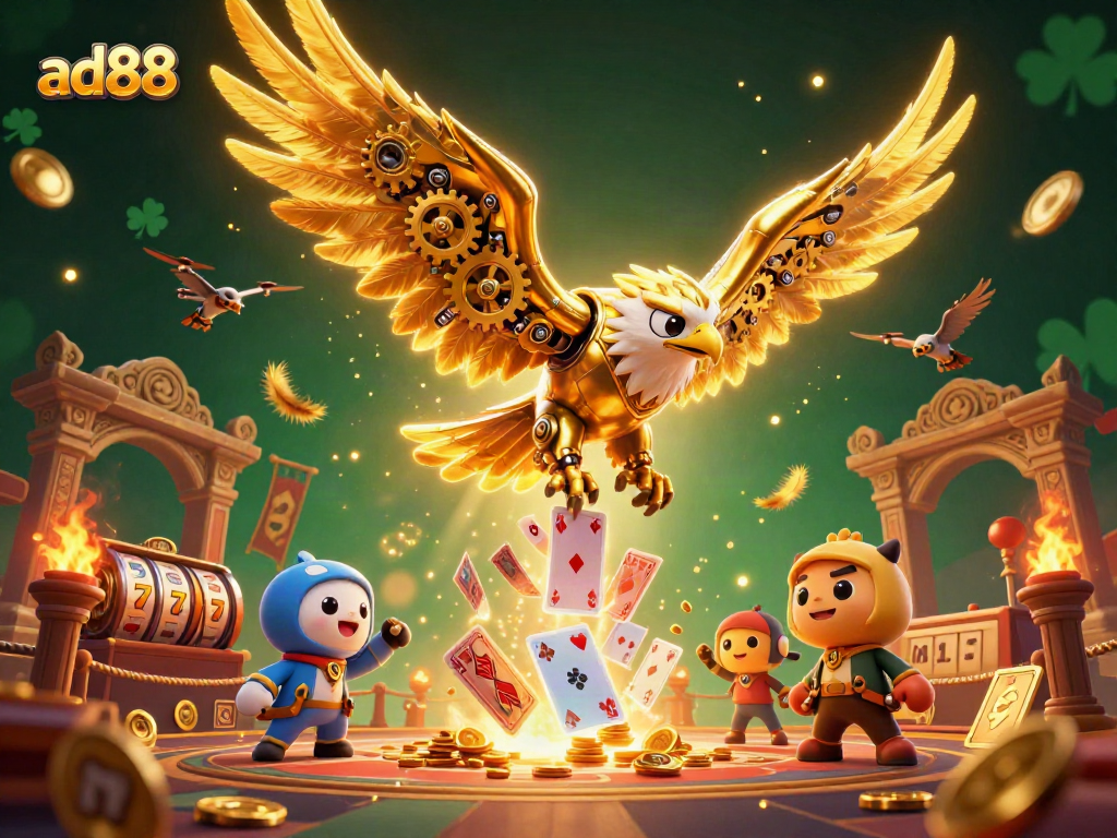 Play slots and win with ad88 in this vibrant casino scene featuring dynamic elements.