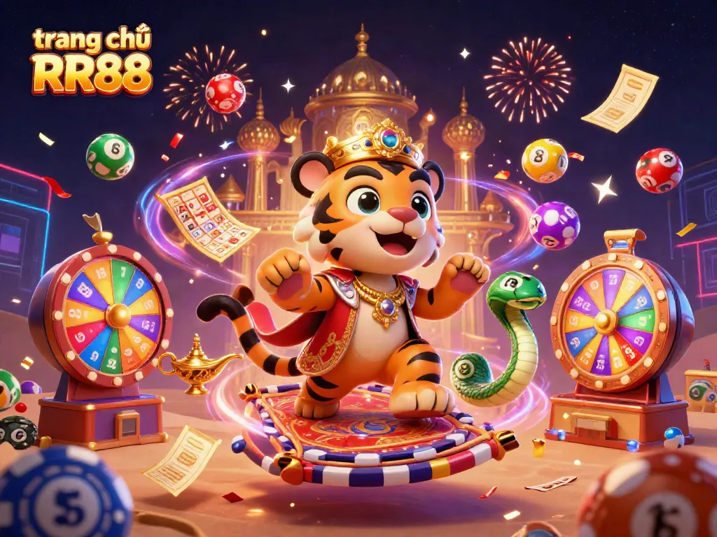 Experience the vibrant world of gaming on trang chủ RR88 with colorful lottery elements and dynamic casino symbols.
