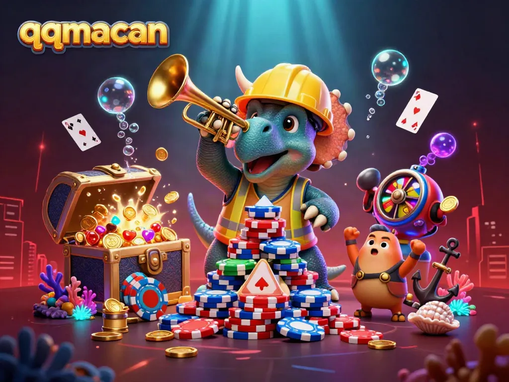 qqmacan showcases a fun 3D scene with a triceratops building poker chips amidst casino elements.