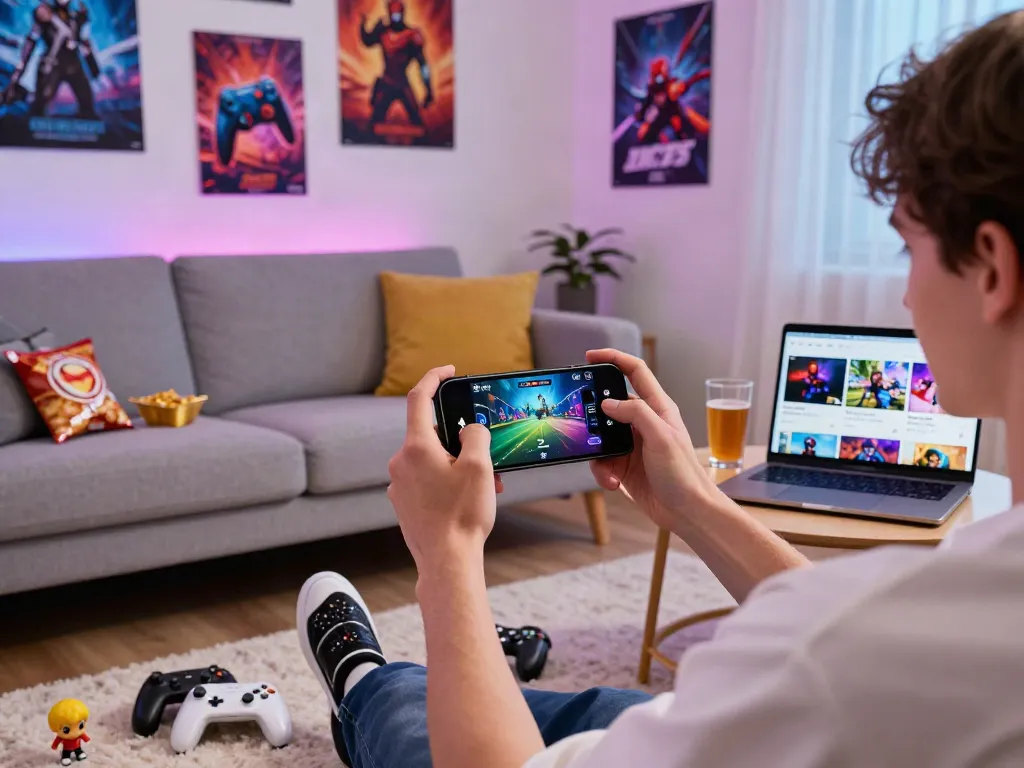 RUSUNTOTO permainan mobile di ruang tamu dengan suasana ceria dan aksesori game.