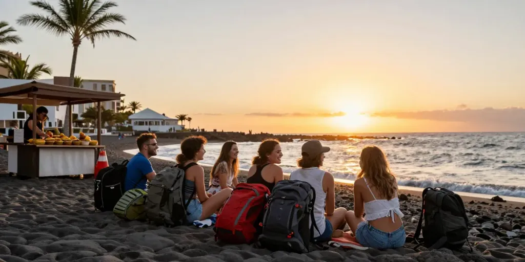 Tenerife Forum members enjoying a sunset beach gathering, sharing travel tips and local food experiences.