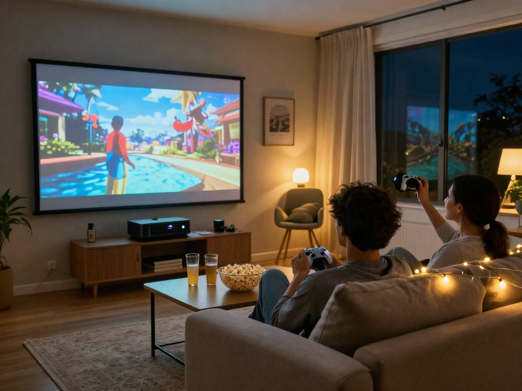 Couple enjoying Moviebox streaming on projector in cozy living room.