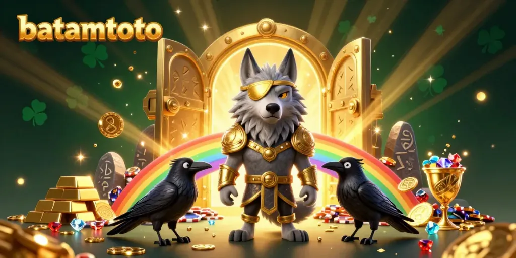 Engage with batamtoto’s vibrant casino scene featuring Odin and his ravens surrounded by treasures and casino elements.