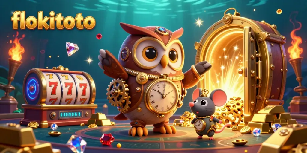 Experience the excitement of flokitoto with an illustration of a cartoon owl and mouse in a vibrant casino.