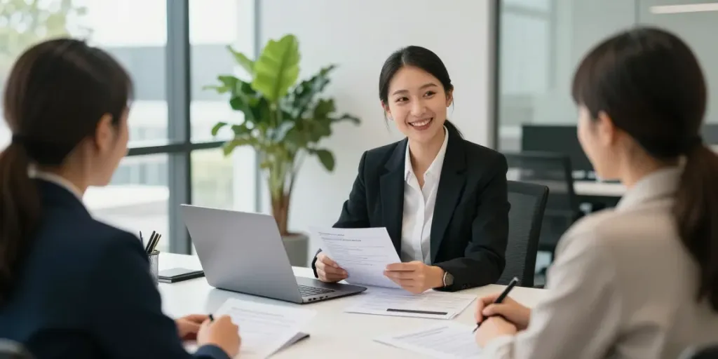 Mortgage broker consulting clients about commercial loans Brisbane in a modern office setting.
