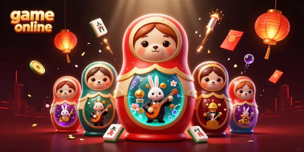 Engage in thrilling game online action as Russian Matryoshka characters celebrate with casino elements