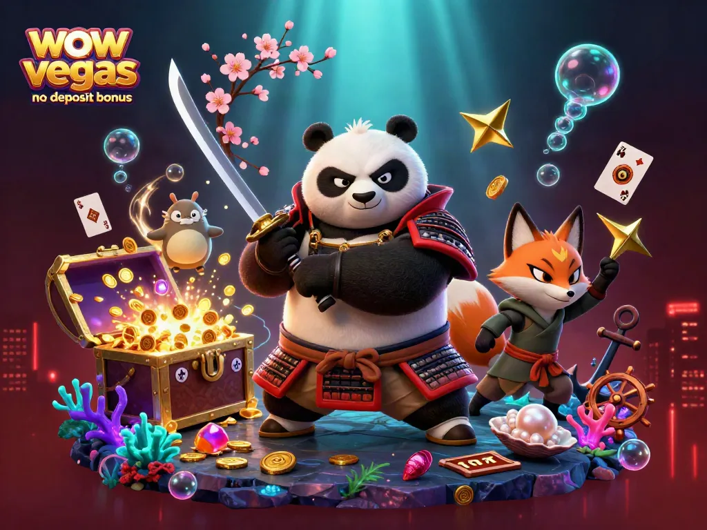 Experience the excitement of the wow vegas no deposit bonus with thrilling characters in an action-packed casino scene.