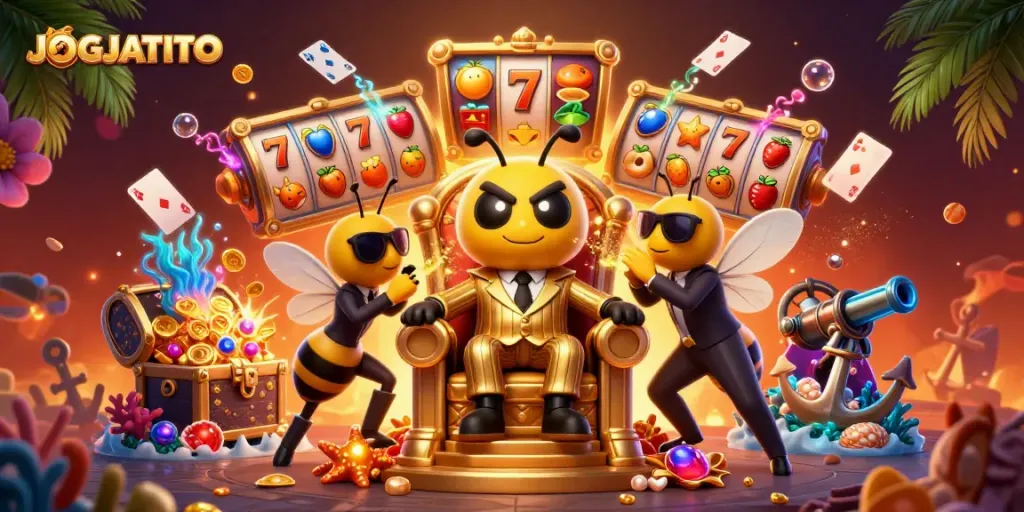Experience thrilling winnings on JOGJATOTO with vibrant slot symbols and dynamic characters.