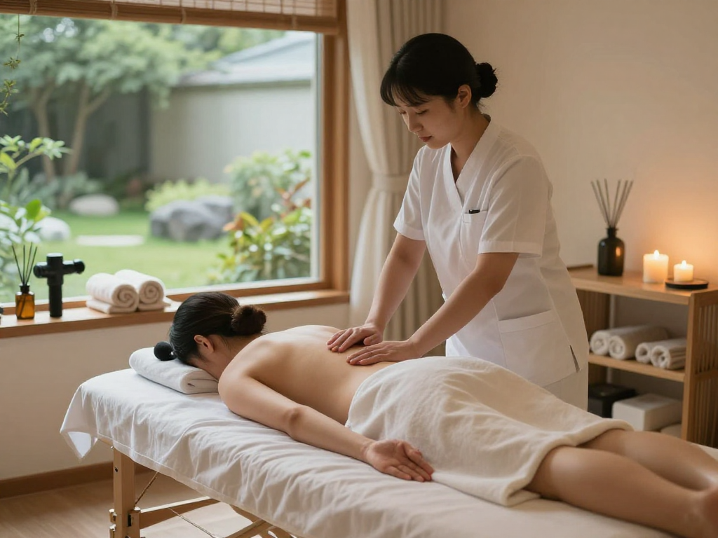 Enjoying a relaxing 하남출장안마 treatment in a tranquil massage room, with soothing lighting and wellness elements.