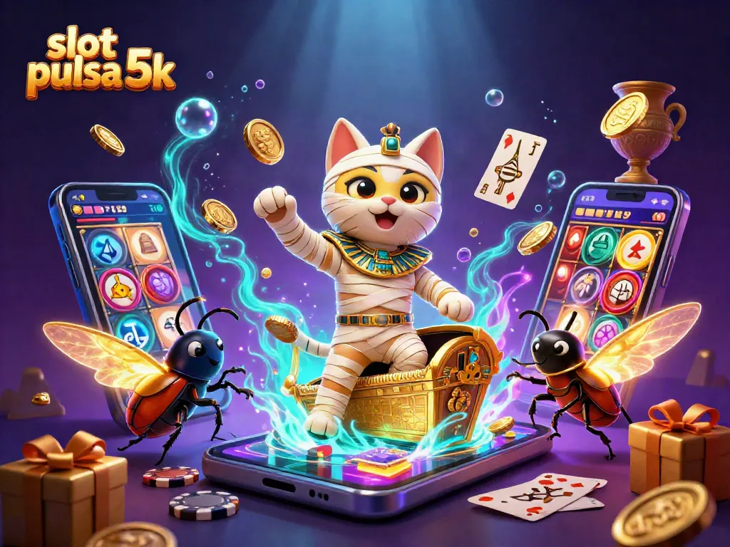 Spin to win at slot pulsa 5k with an Egyptian mummy cat and vibrant casino elements.