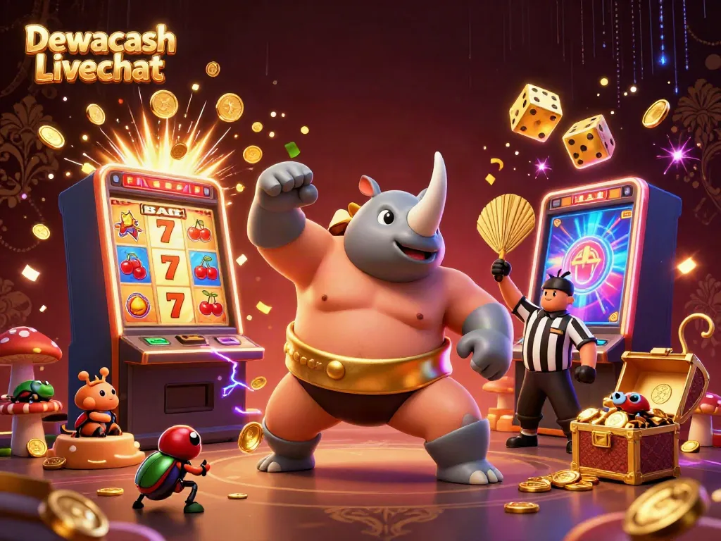 Experience Dewacash Livechat with a powerful beetle champion amidst a vibrant casino atmosphere.