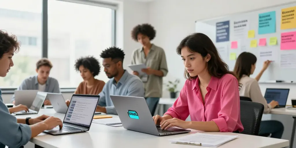 Collaborative team generating brand slogans with AI in a creative office.