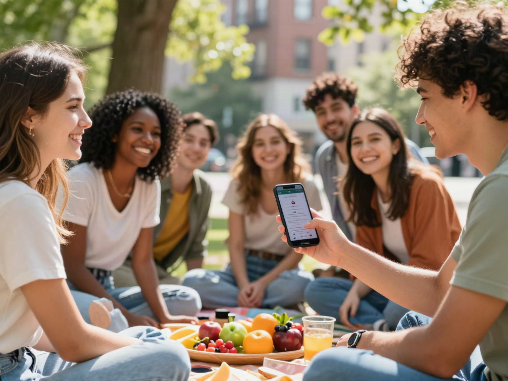 Group enjoying a day in the park while testing attractiveness with a smartphone.
