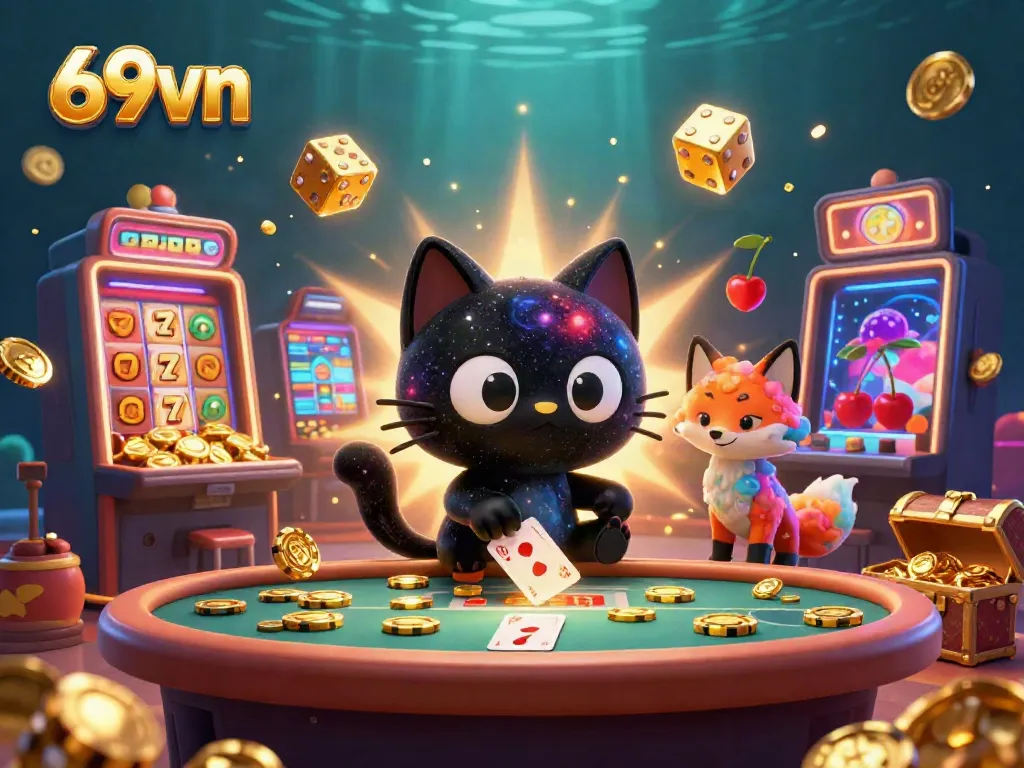 Experience thrilling casino action with 69vn's cosmic cat and fox at a dynamic cosmic table.