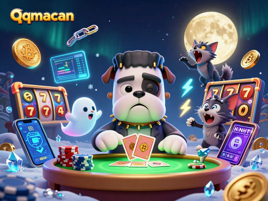 Engage with the vibrant qqmacan casino scene showcasing a Frankenstein bulldog and friends dealing cards.