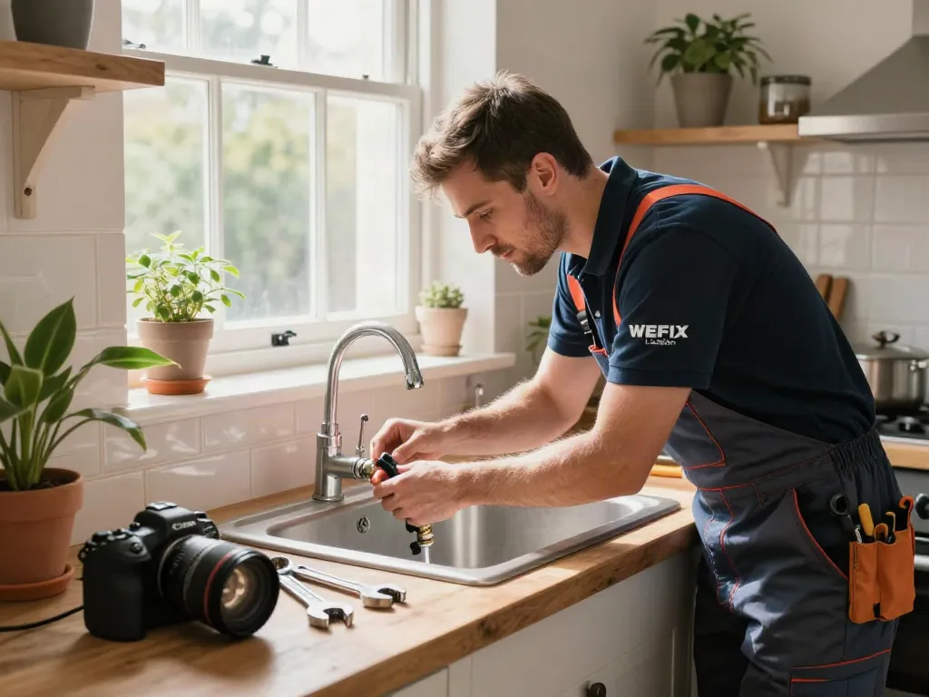 WEFIX London plumber repairing a sink in a cozy home, showcasing expert service and quality.
