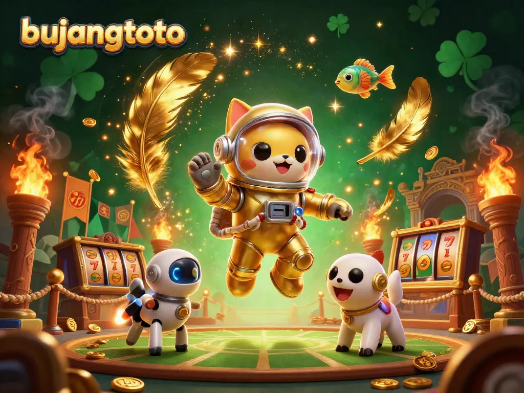 Experience gaming thrills with bujangtoto in an engaging 3D casino scene featuring vibrant characters and symbols.