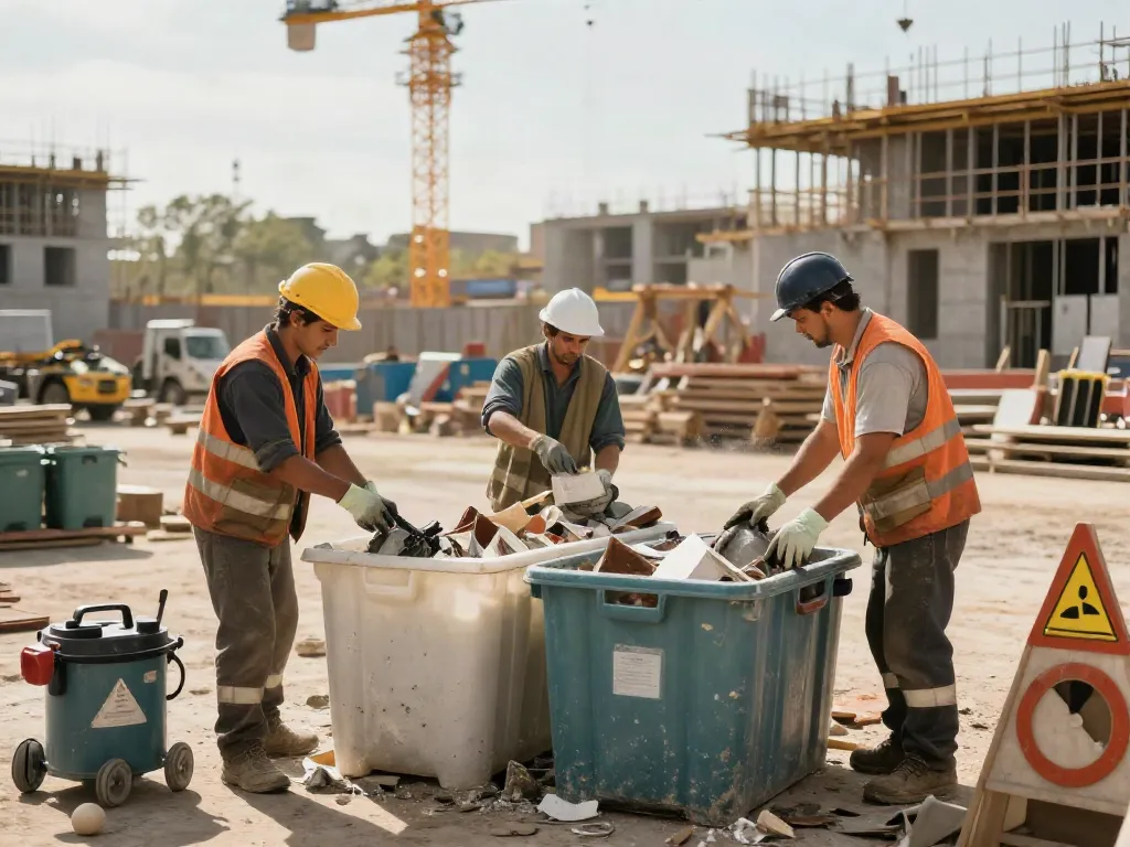 Containerreinigung auf einer Baustelle in Bochum mit Reinigungsteams in Sicherheitsausrüstung und modernen Reinigungsgeräten.