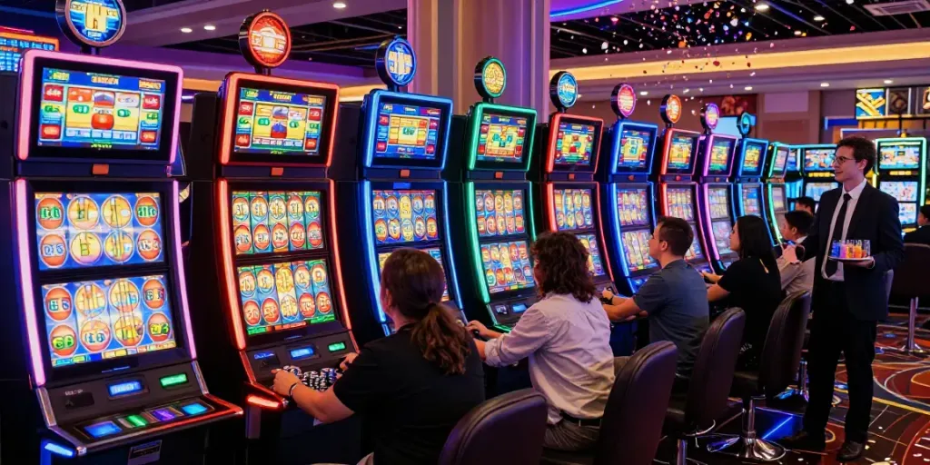 Exciting slot machine players celebrating wins in a vibrant casino setting with colorful lights and atmosphere.
