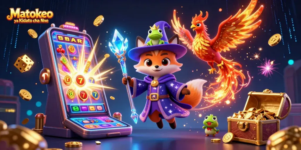 Engaging visual of Matokeo ya Kidato cha Nne gambling scene with a magical wizard, phoenix, and vibrant casino elements