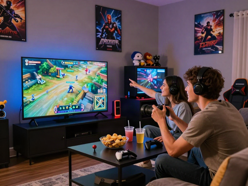 Couple playing porngames in cozy gaming room with snacks and decor.