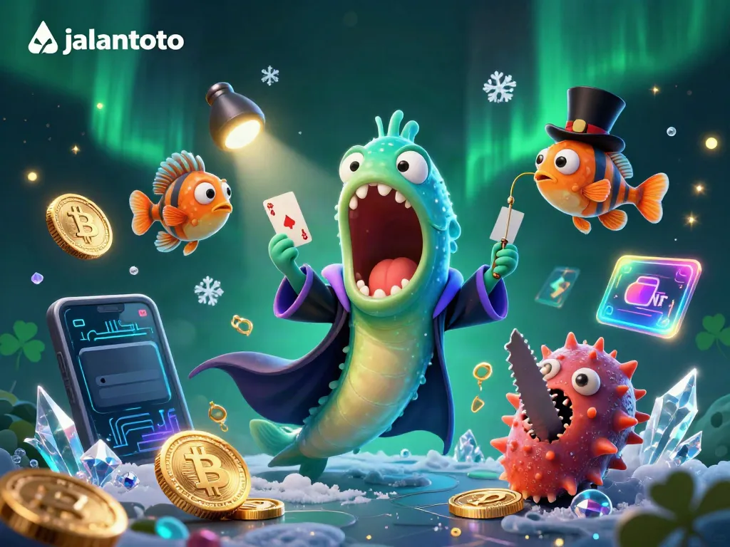 JALANTOTO menampilkan aksi seru dengan karakter laut yang melakukan trik kartu dalam suasana kasino digital yang megah.