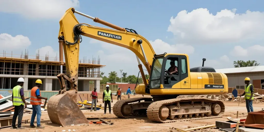Panafrican Equipment excavator in action at a Nigerian construction site with workers collaborating.